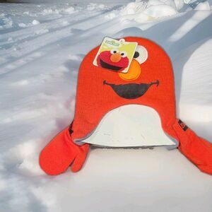 NEW Toddler Sesame Street Elmo Beanie Red Hat & Mittens Cold Weather Set gloves